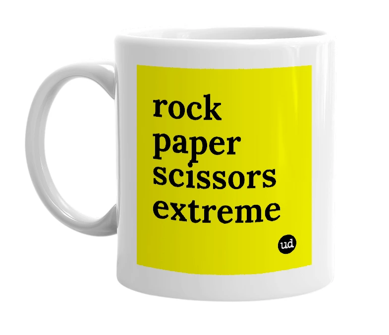 White mug with 'rock paper scissors extreme' in bold black letters