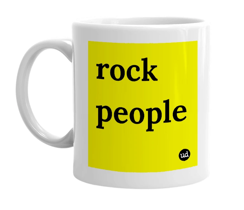 White mug with 'rock people' in bold black letters