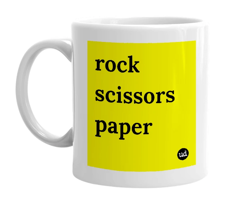 White mug with 'rock scissors paper' in bold black letters