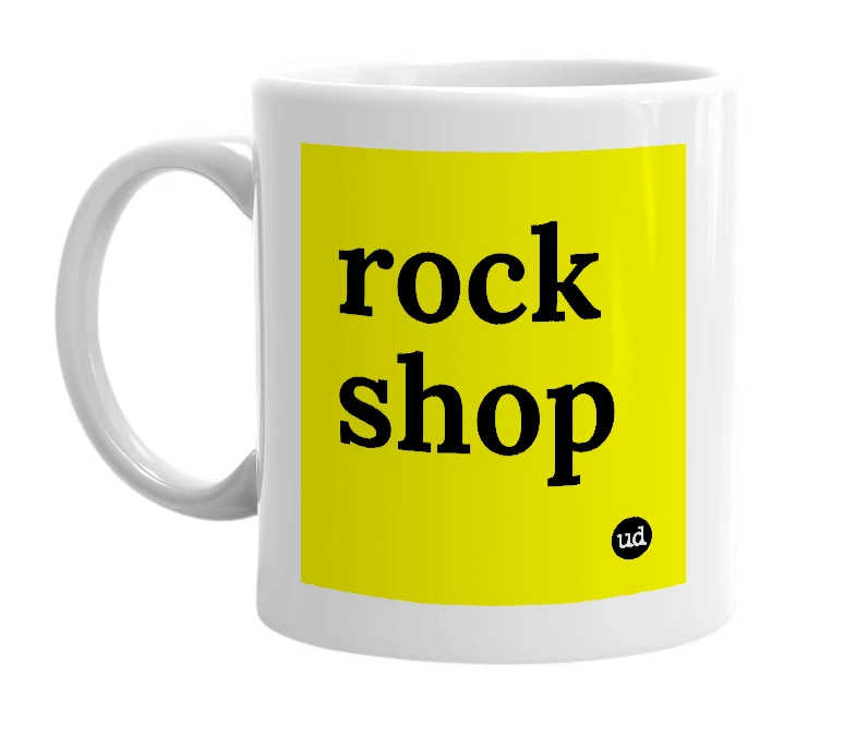 White mug with 'rock shop' in bold black letters