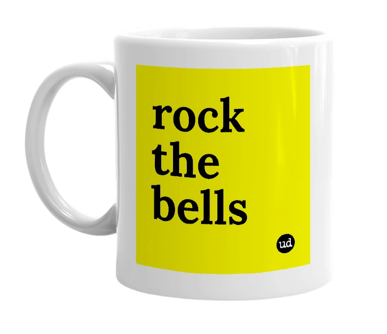 White mug with 'rock the bells' in bold black letters