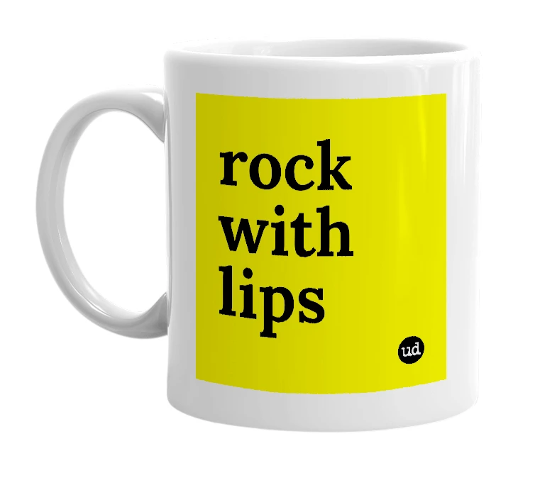 White mug with 'rock with lips' in bold black letters