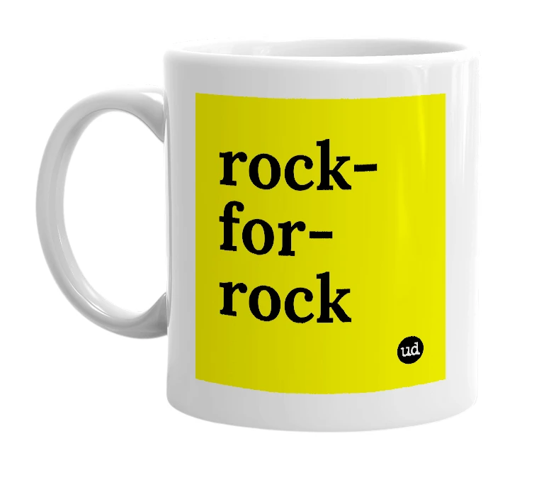 White mug with 'rock-for-rock' in bold black letters