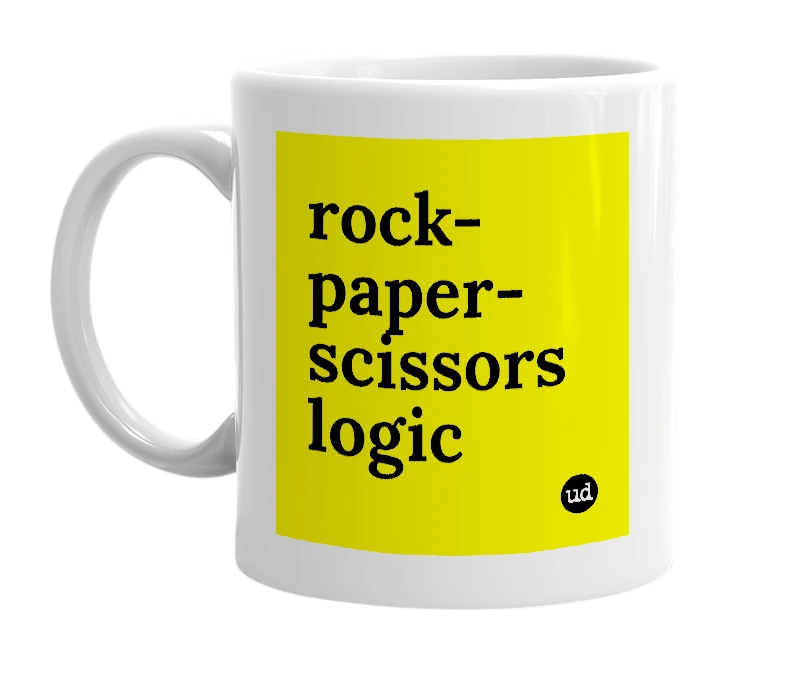 White mug with 'rock-paper-scissors logic' in bold black letters