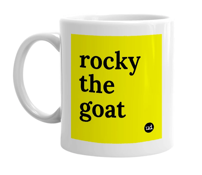 White mug with 'rocky the goat' in bold black letters