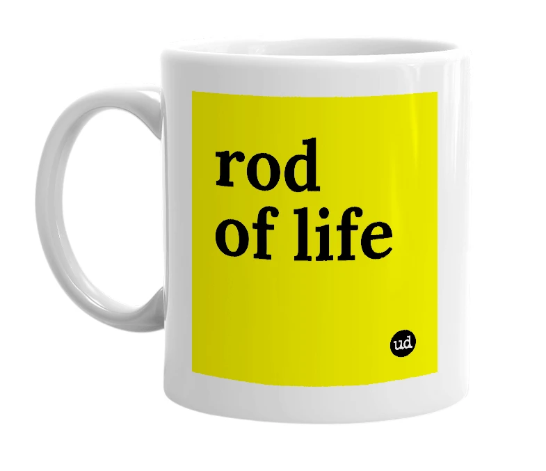 White mug with 'rod of life' in bold black letters