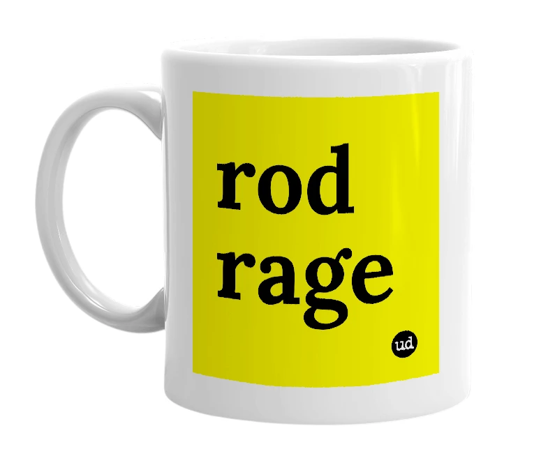 White mug with 'rod rage' in bold black letters