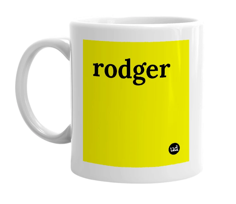 White mug with 'rodger' in bold black letters