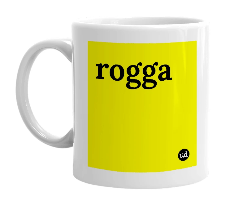 White mug with 'rogga' in bold black letters