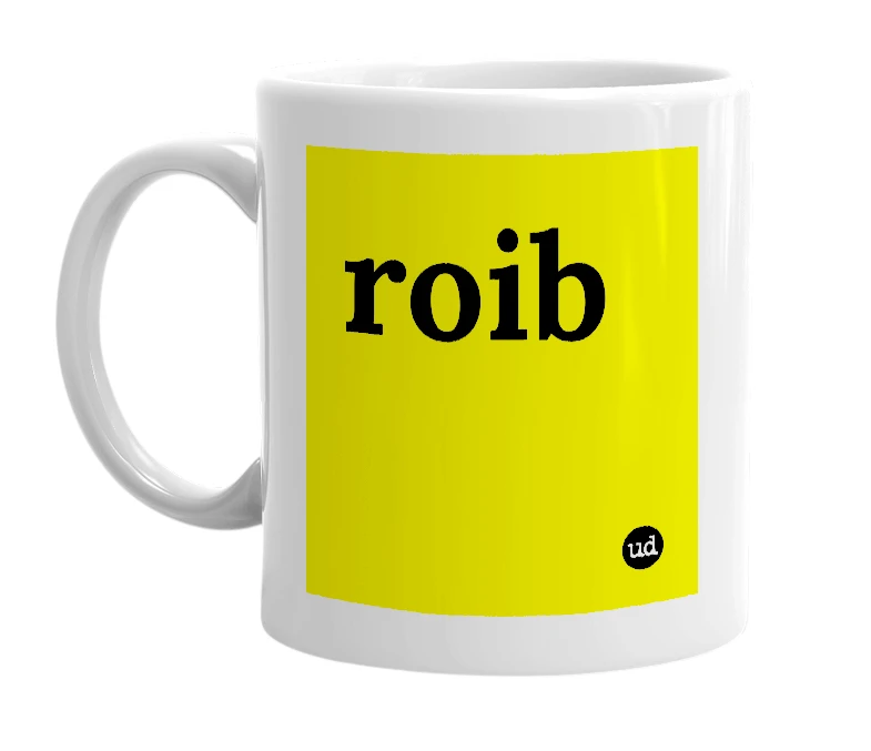 White mug with 'roib' in bold black letters