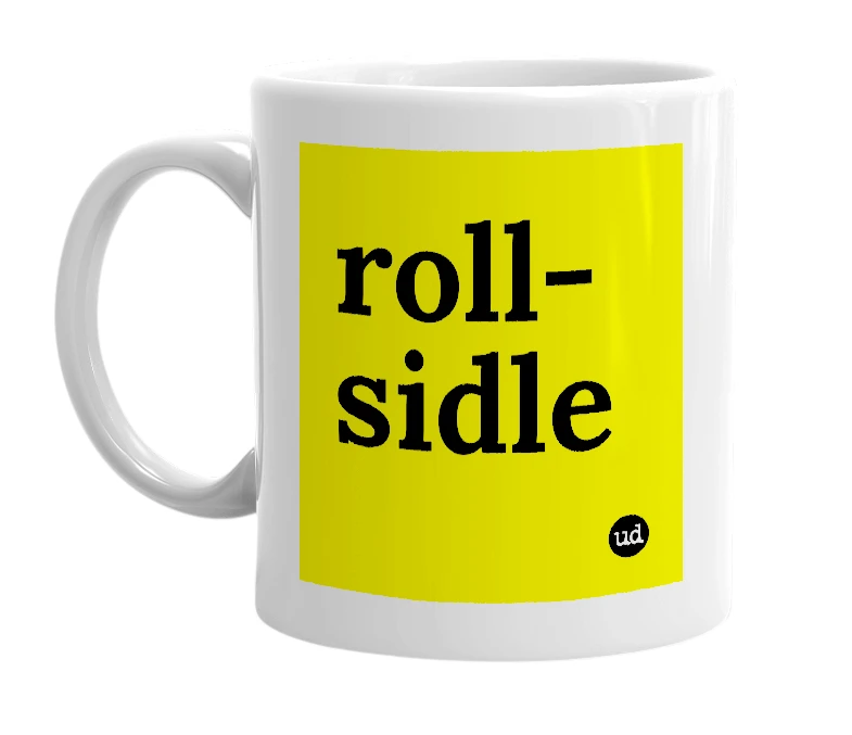 White mug with 'roll-sidle' in bold black letters