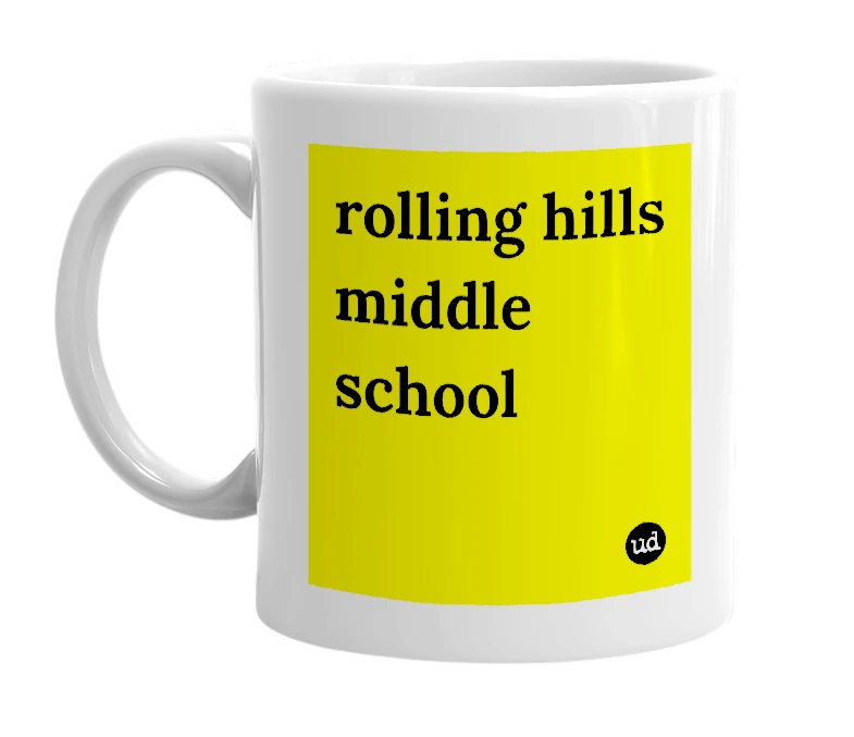 White mug with 'rolling hills middle school' in bold black letters