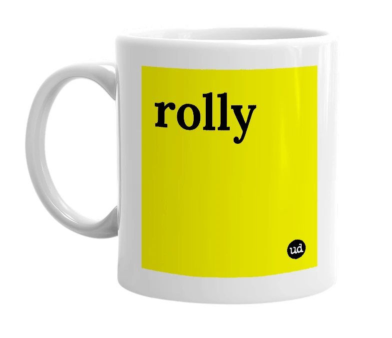 White mug with 'rolly' in bold black letters