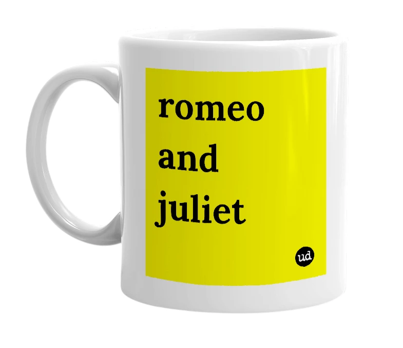 White mug with 'romeo and juliet' in bold black letters