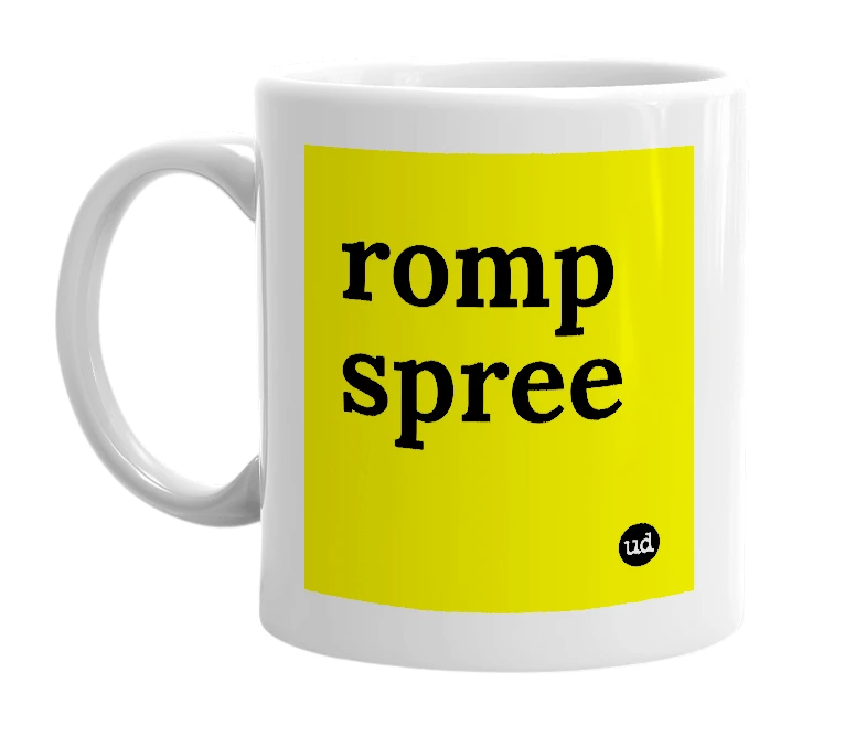 White mug with 'romp spree' in bold black letters