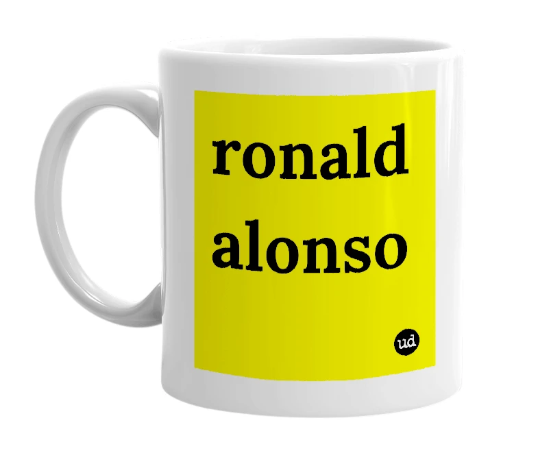 White mug with 'ronald alonso' in bold black letters