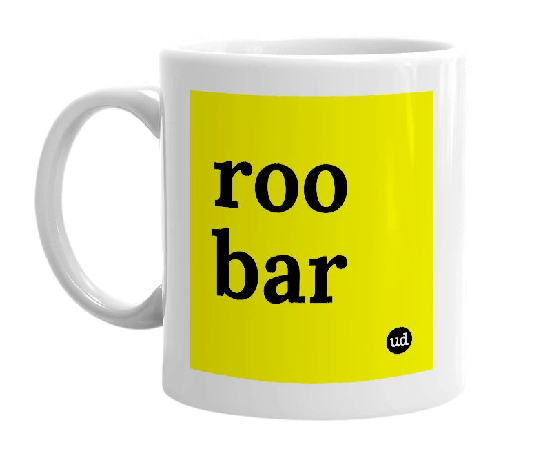 White mug with 'roo bar' in bold black letters