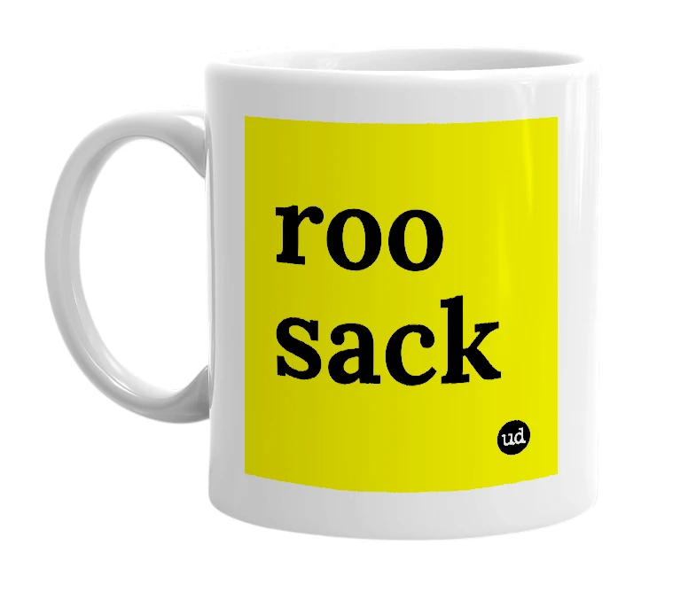 White mug with 'roo sack' in bold black letters