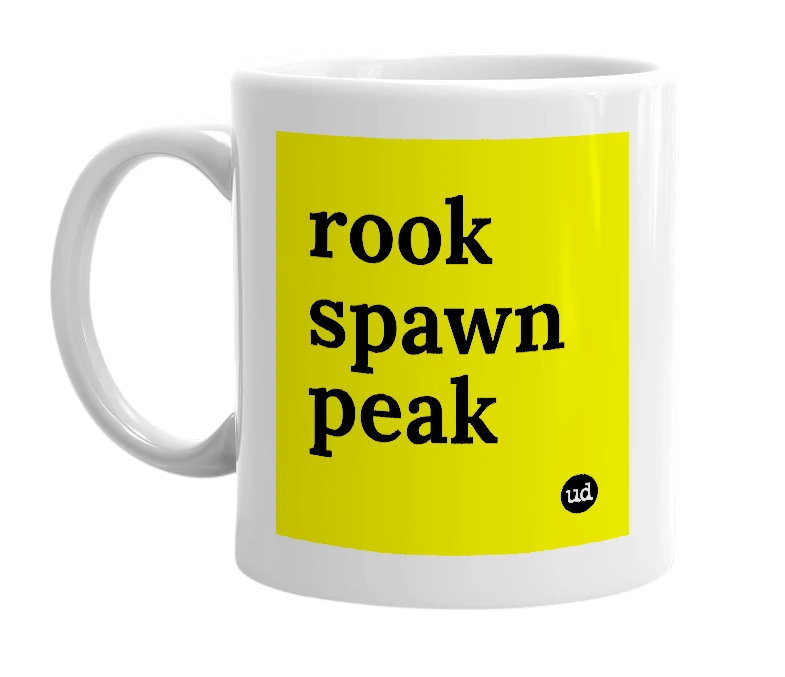 White mug with 'rook spawn peak' in bold black letters