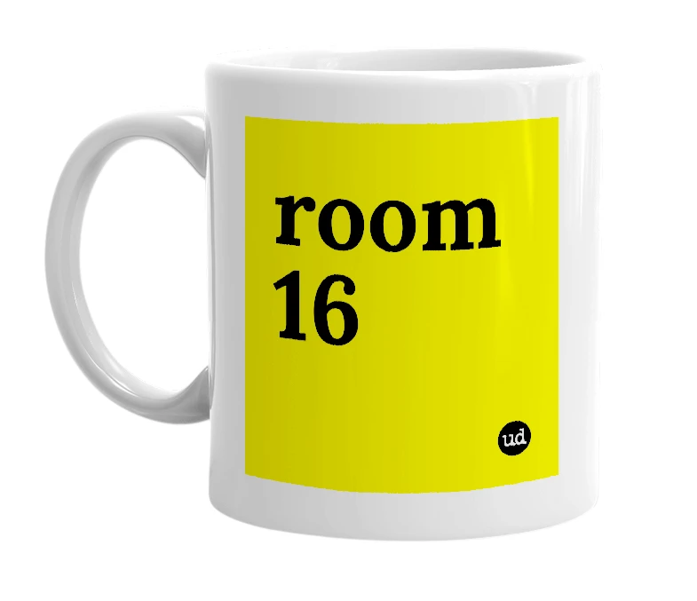 White mug with 'room 16' in bold black letters