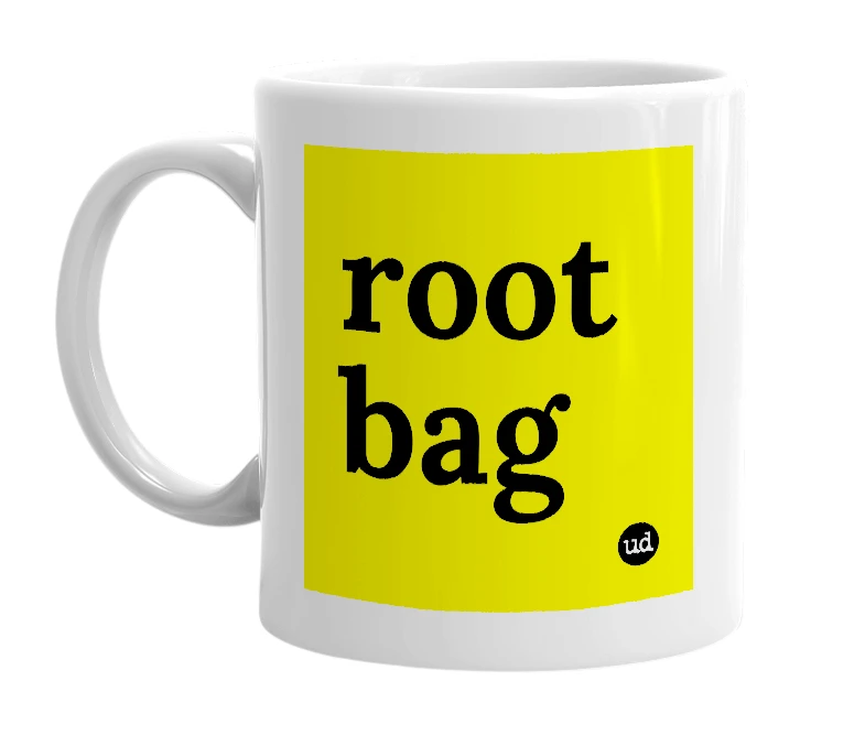 White mug with 'root bag' in bold black letters