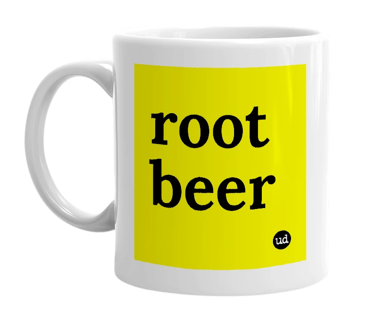White mug with 'root beer' in bold black letters