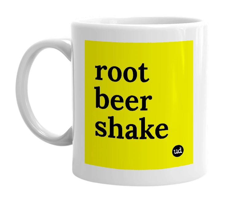 White mug with 'root beer shake' in bold black letters