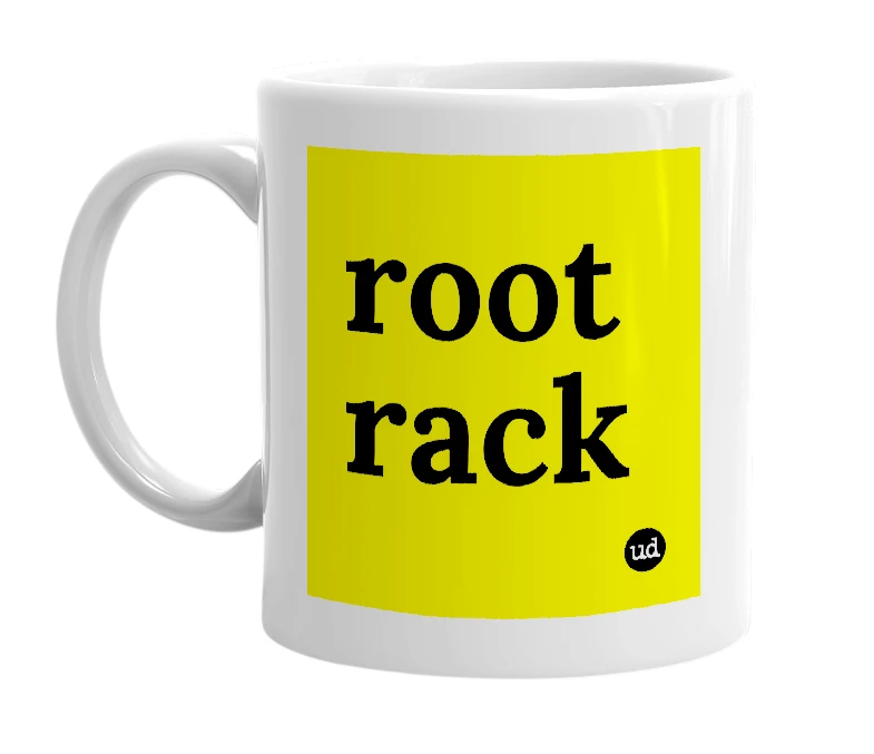 White mug with 'root rack' in bold black letters