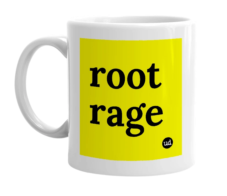 White mug with 'root rage' in bold black letters
