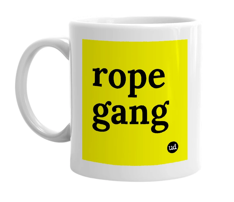 White mug with 'rope gang' in bold black letters