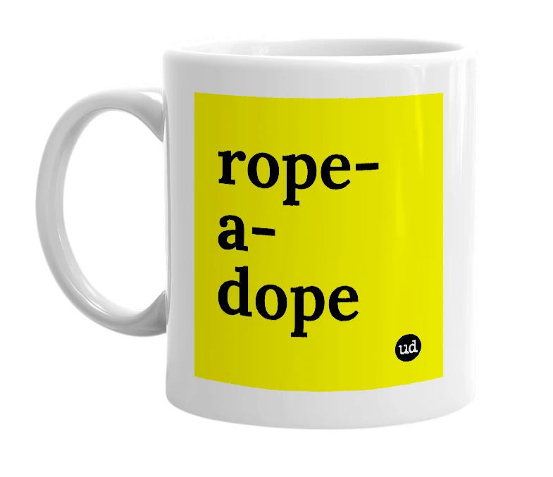 White mug with 'rope-a-dope' in bold black letters