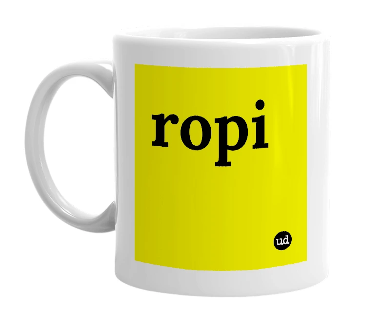 White mug with 'ropi' in bold black letters