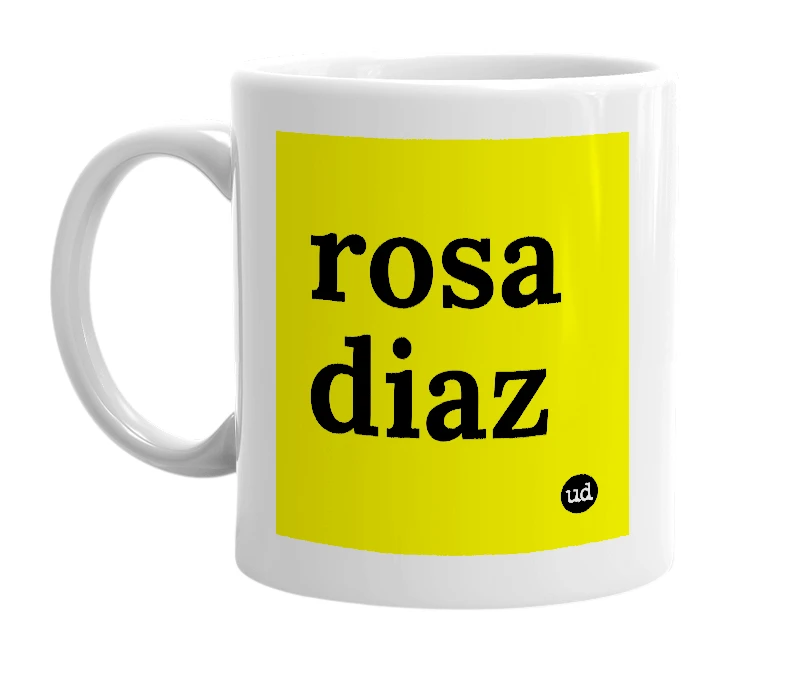 White mug with 'rosa diaz' in bold black letters
