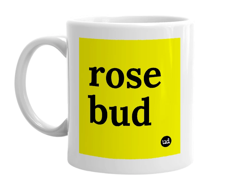 White mug with 'rose bud' in bold black letters