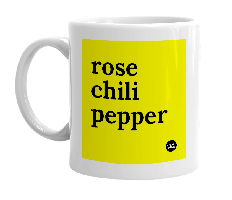 White mug with 'rose chili pepper' in bold black letters