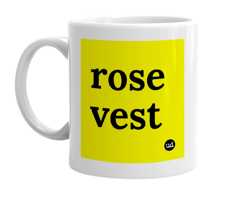 White mug with 'rose vest' in bold black letters