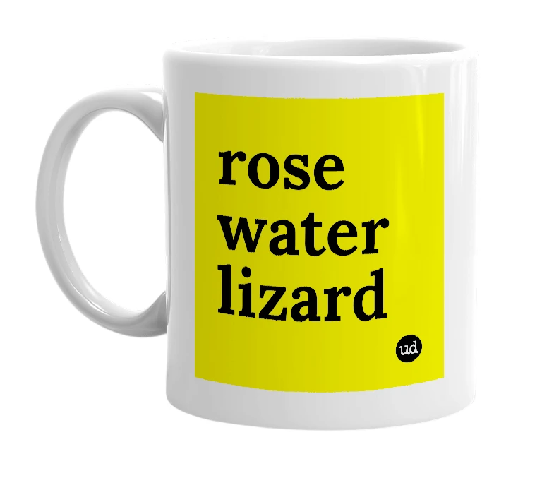 White mug with 'rose water lizard' in bold black letters