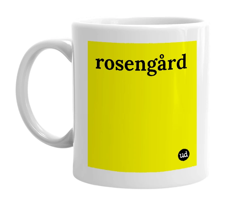 White mug with 'rosengård' in bold black letters