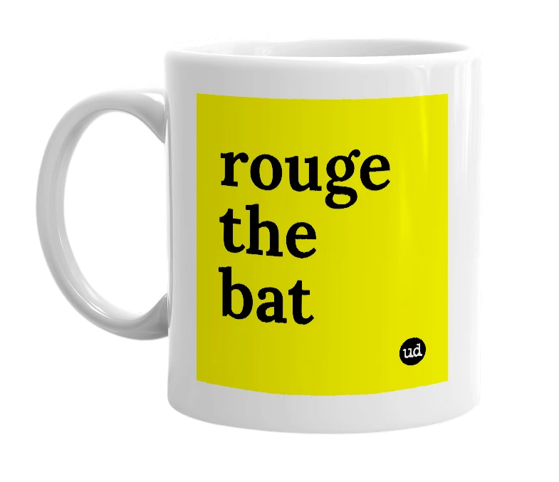 White mug with 'rouge the bat' in bold black letters