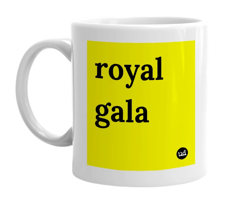 White mug with 'royal gala' in bold black letters