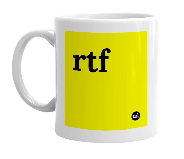 White mug with 'rtf' in bold black letters