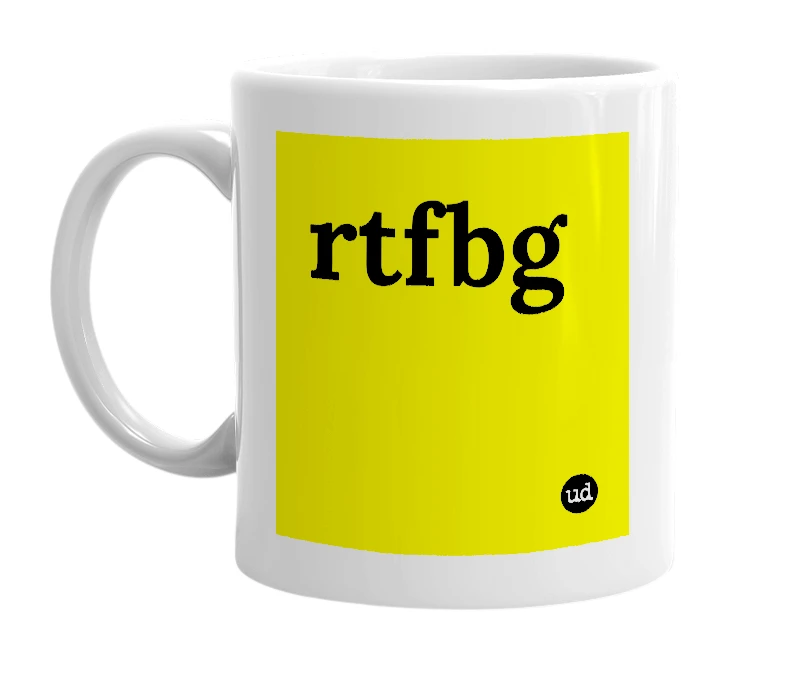 White mug with 'rtfbg' in bold black letters