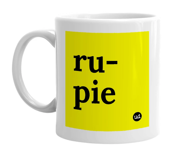 White mug with 'ru-pie' in bold black letters