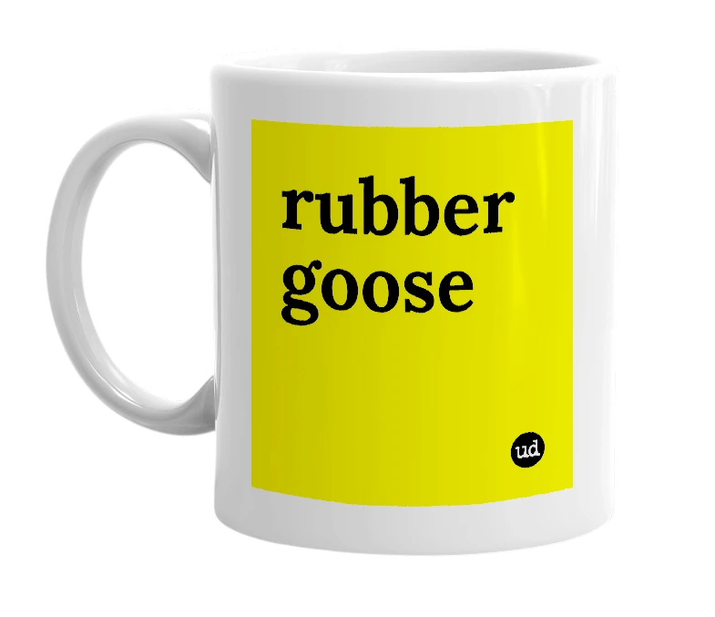 White mug with 'rubber goose' in bold black letters