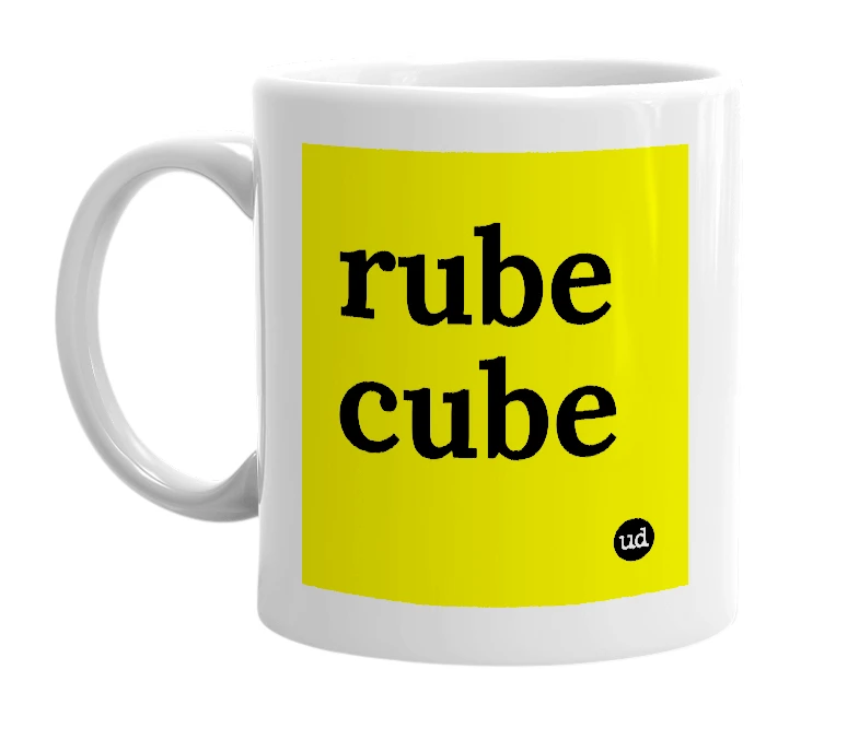 White mug with 'rube cube' in bold black letters