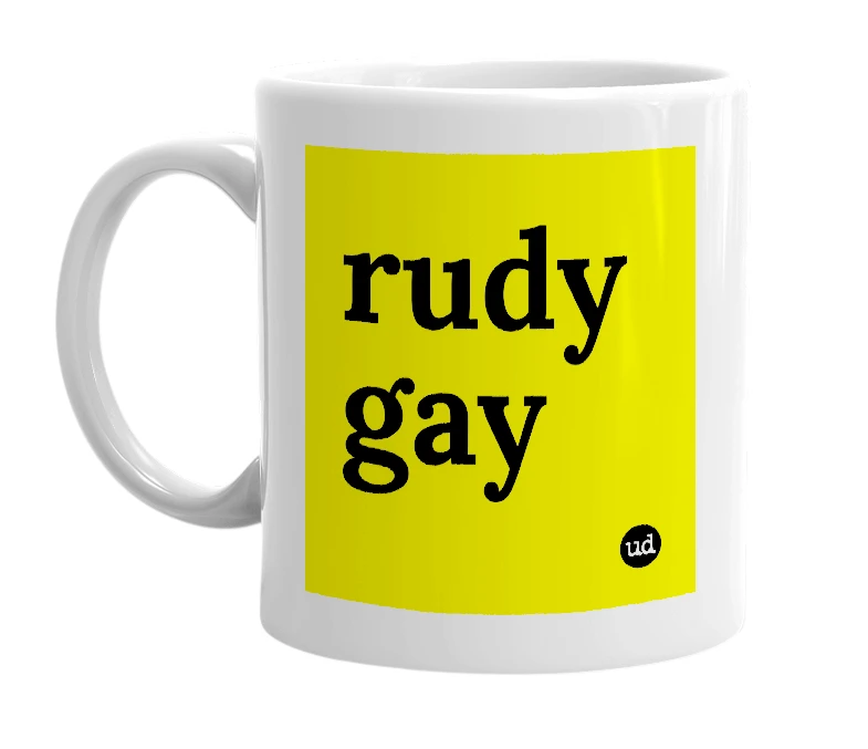 White mug with 'rudy gay' in bold black letters