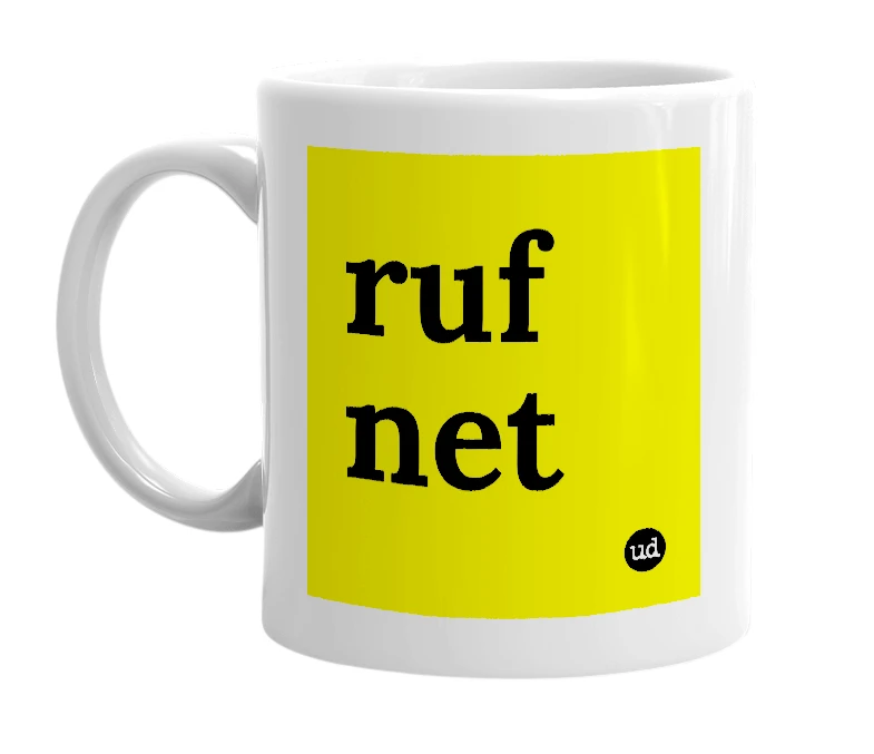 White mug with 'ruf net' in bold black letters