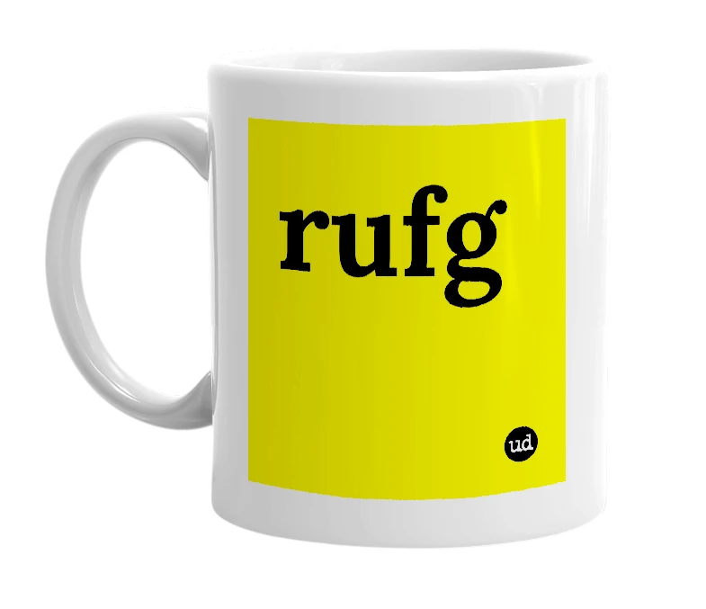 White mug with 'rufg' in bold black letters