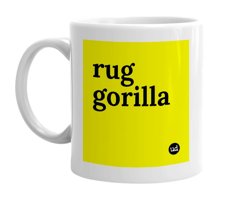 White mug with 'rug gorilla' in bold black letters