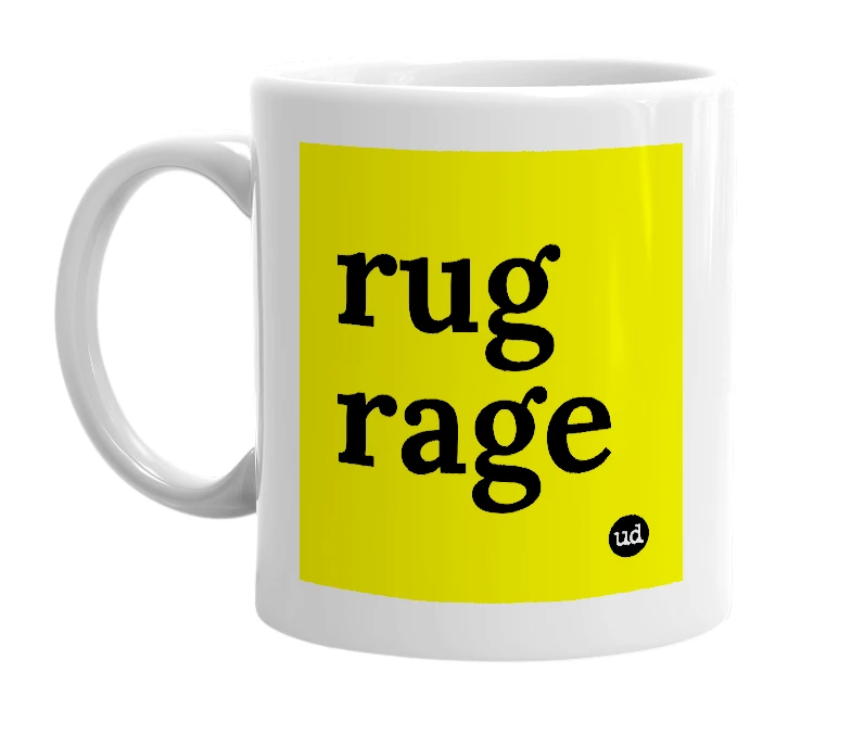 White mug with 'rug rage' in bold black letters